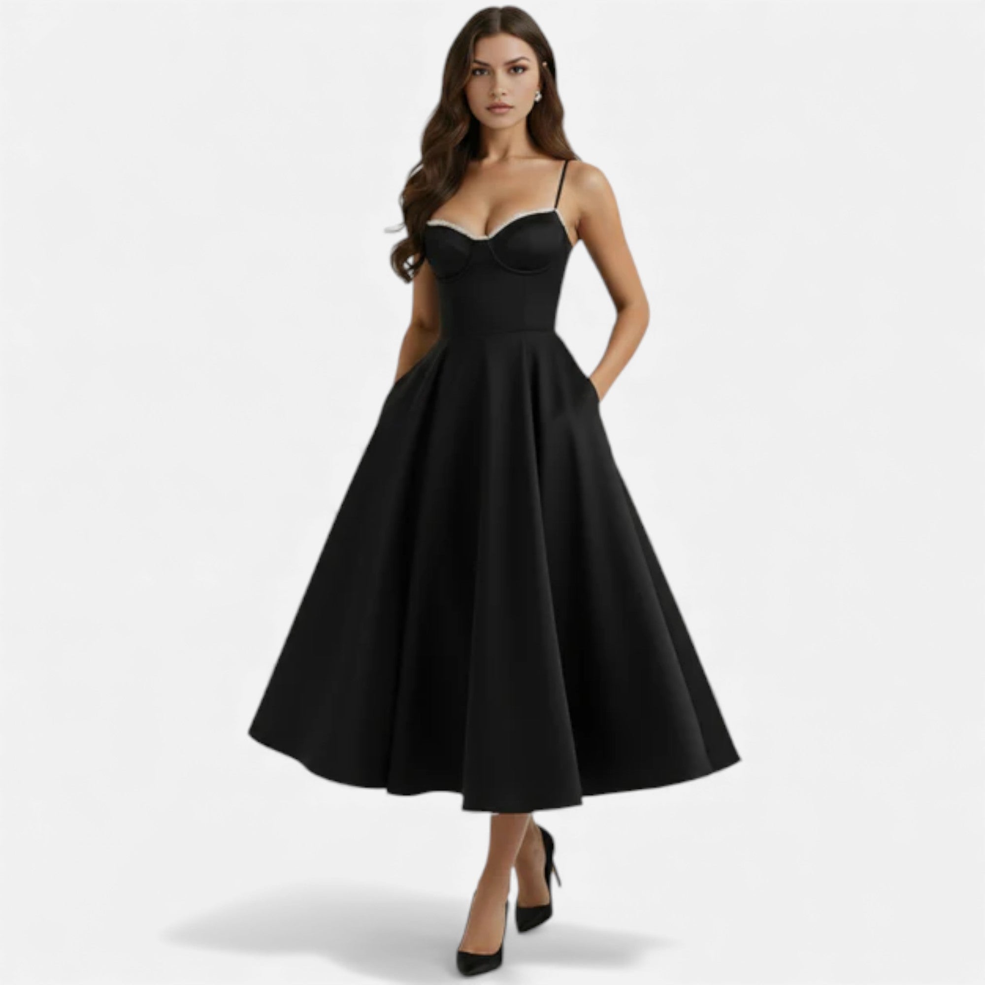 Woman wearing a black dress on a white background