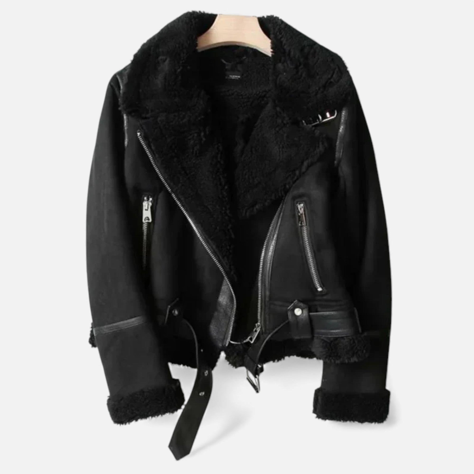 Black leather jacket with fur lining on a white background