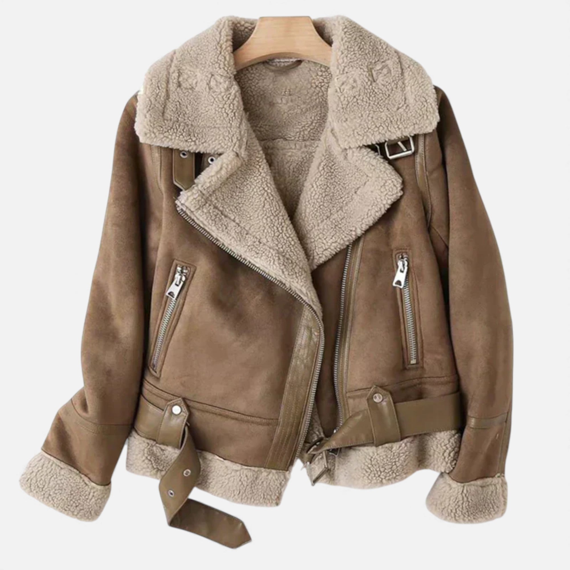 Brown leather jacket with beige shearling collar and cuffs on a white background