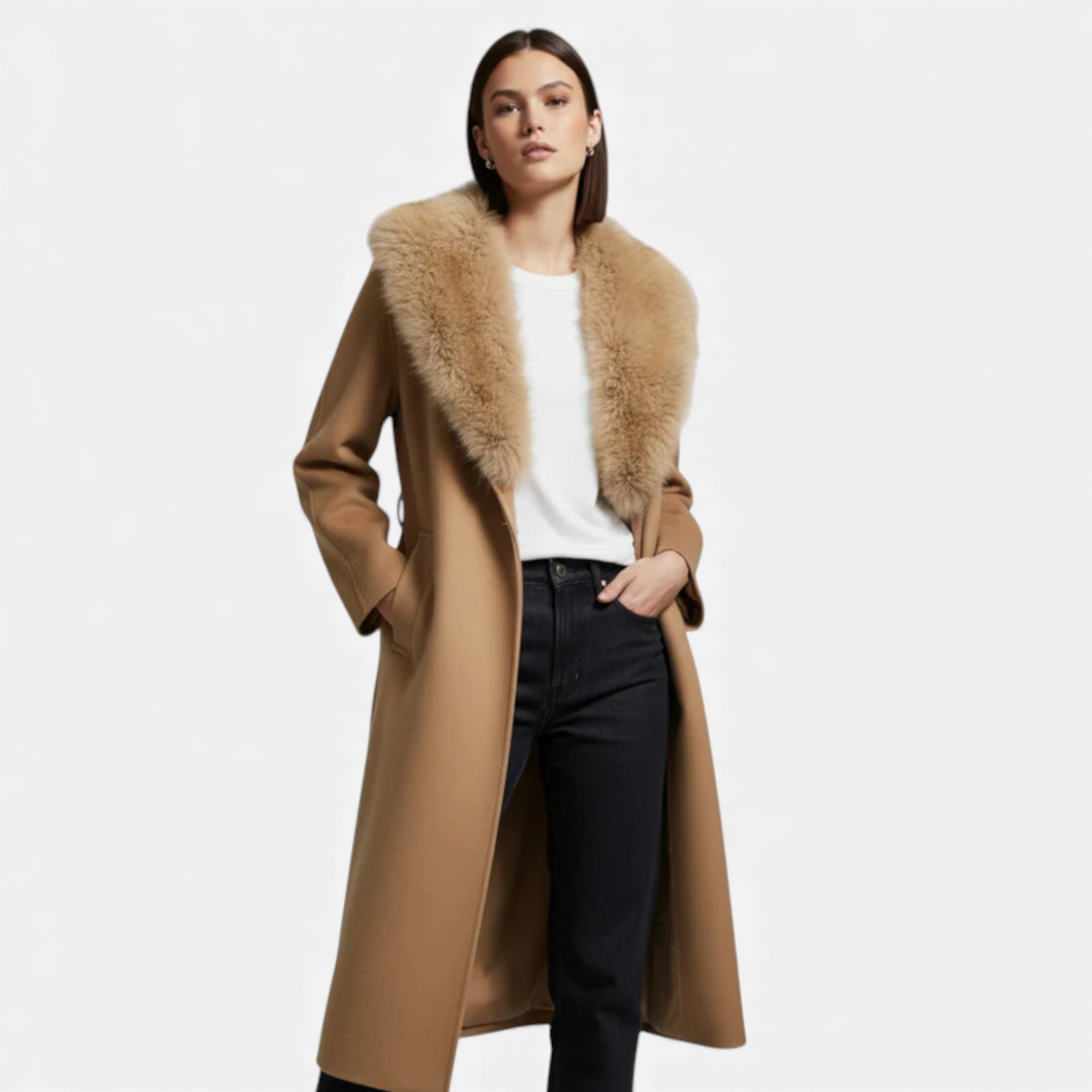 Ruby Lily | Women’s Wool Maxi Coat & Fur-Trim Lapel
