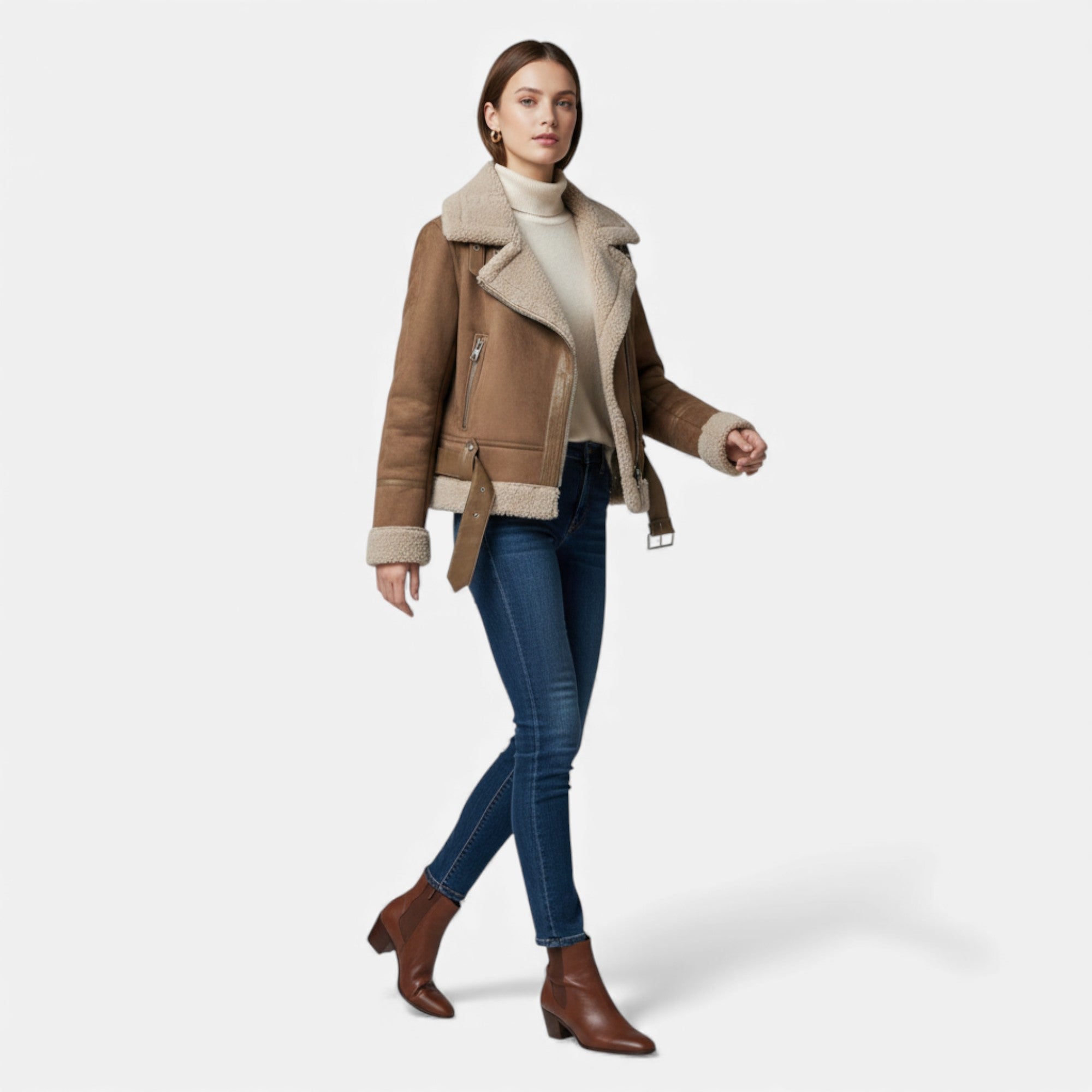Woman wearing a brown leather jacket with fur trim on a white background